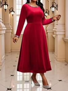 Fleurora Red Autumn Elegant Satin Velvet Party Dress,Women's Plus Size Long Sleeve Scoop Neck Ball Gown Midi Dresses For Wedding Christmas Cocktail Sparkly - Red - View 4