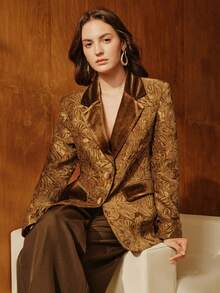 Anewsta Blazer élégant et chic pour femmes en jacquard, coupe slim et polyvalent. Convient pour les occasions formelles, les fêtes, le travail, la remise des diplômes, les mariages. Robe rouge. - Marron - Voir 1