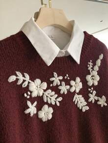 SHEIN Franclia Áo len dài tay cổ tròn thêu họa tiết cổ điển dành cho nữ - Màu Đỏ Sâu - Xem 7