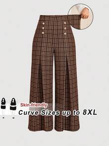 SHEIN CURVE+ Quần ống rộng cạp cao họa tiết kẻ caro cổ điển thanh lịch dành cho nữ cỡ lớn, đi làm ở thành thị - Nhiều màu - Xem 5