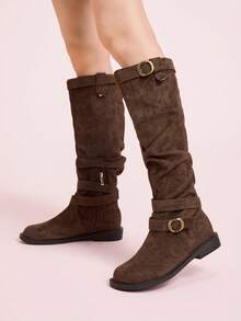 CUCCOO DOLLMOD Women's Mid-Calf Boots, Pleated Fashion Slim Slouchy Boots, Thick Sole - Brown - View 3