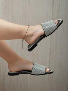 Sandalias planas de mujer con diseño hueco, punta cuadrada, estilo casual, ideales para vacaciones en la playa. - Negro - Ver 3