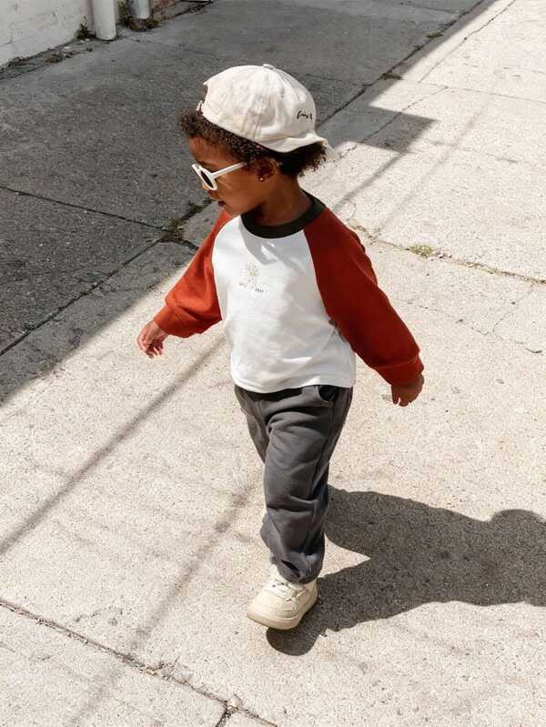 2pcs Baby Boy Letter Print Contrast Color Raglan Sleeve T-Shirt And Pants Casual Outfit