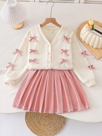 Genkimix Kids Conjunto de 2 piezas de niña con Cárdigan de manga larga con cuello en V y decoración de mariposa + Minifalda de terciopelo plisada hecha a mano, para primavera y otoño