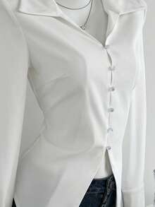 SHEIN Unity Áo sơ mi nữ tay dài cài nút, dáng ôm, viền bất đối xứng - trắng - Xem 3