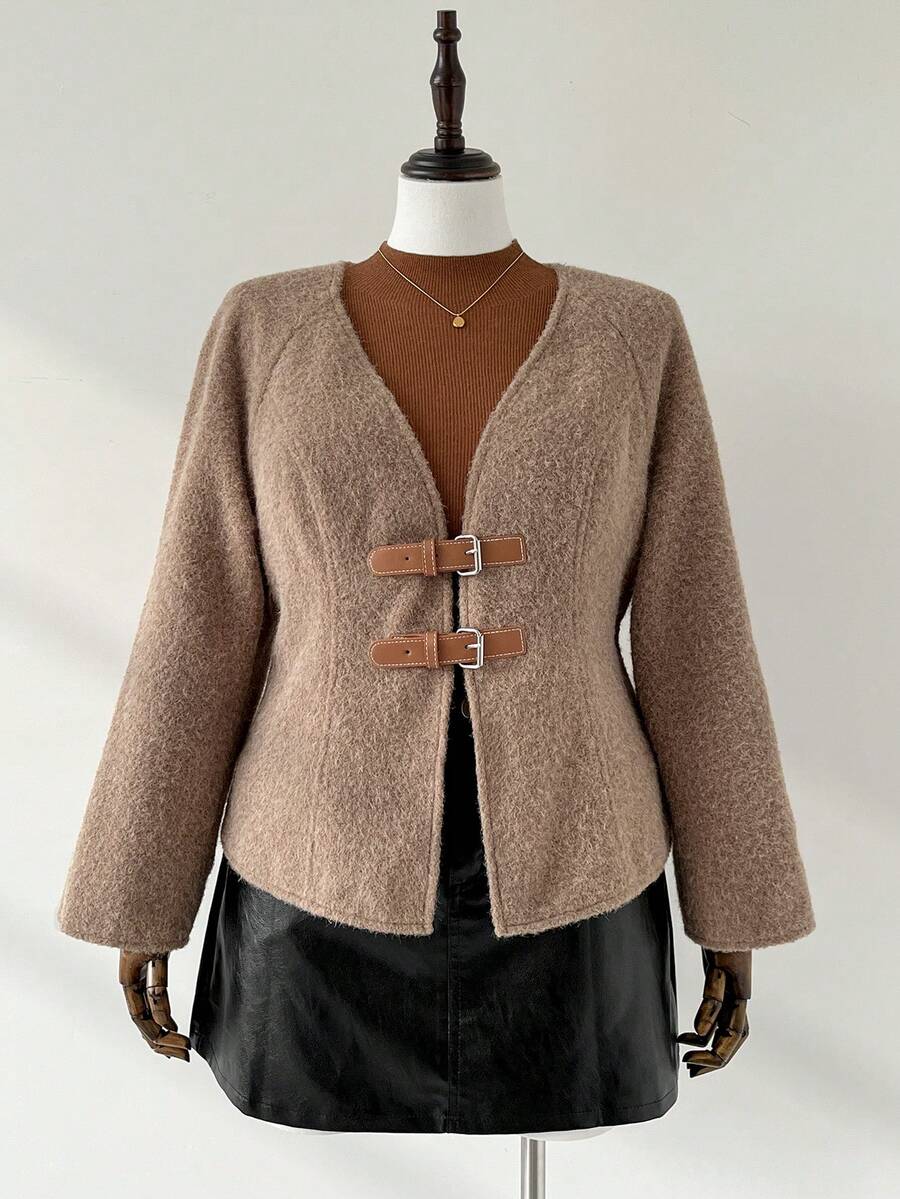 Auralis Plus Size Women's Autumn And Winter Elegant And Comfortable Daily Khaki Belt Buckle V-Neck Jacket,Fall,Winter Coats,Y2k,Women's Winter Fall/Winter - Khaki - View 1