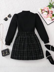 SHEIN 少女黑色串珠蝴蝶结装饰长袖上衣搭配黑色格子不对称下摆半身裙套装，时尚优雅，适合派对、活动和日常穿着。 - 黑色 - 查看 2