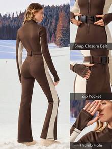 OutZeal Women Winter Thermal Outdoor Jumpsuit Christmas Outfit Skiing Daily Soft Brushed Lined With Front Zip Pocket - Brown - View 4