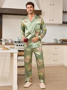 CoupledUp Camisa de homewear de seda sintética con estampado floral, conjunto de pijama para hombres, apto para uso en interiores y exteriores - Verde - Ver 5