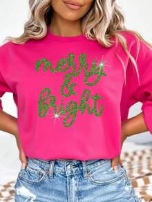 EMERY ROSE Sudadera de cuello redondo y hombros caídos con estampado de letras navideñas para tallas grandes - Rosa Fucsia - Ver 1