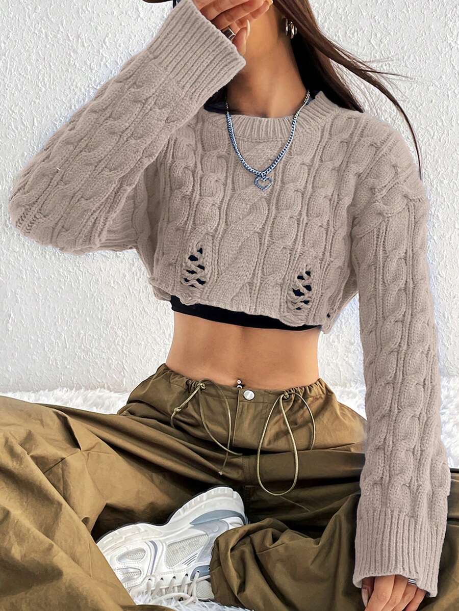 Flirla 女士时尚休闲短款纹理针织毛衣 - 卡其色 - 查看 1