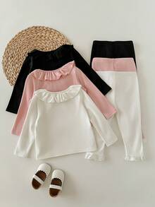 Newborn Baby Girl Casual Solid Color Ruffle Trim Long Sleeve Top And Elastic Waist Pants Set - Multicolor - View 8