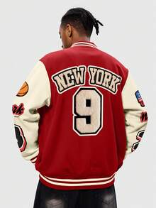 ROMWE MEN Prep Men's Color Block Stitching Front Button Number Alphabet Pattern Pocket Casual Rave Jacket, Fall/Winter - Multicolor - View 2