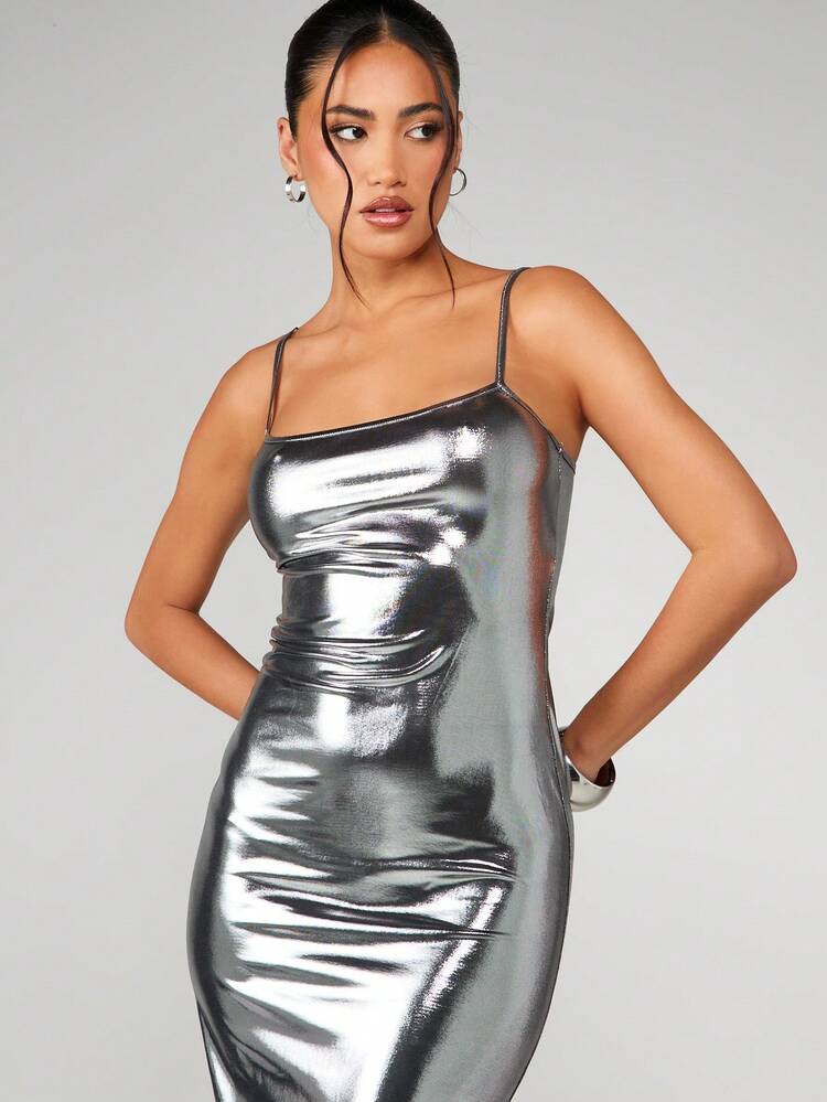 silver dress missguided MISSGUIDED Metallic One Shoulder Maxi Dress With Cutout Detail For Evening Party Occasions,L