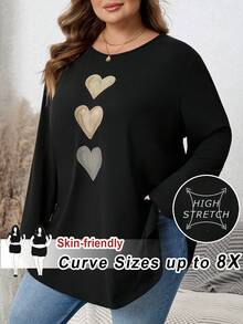 SHEIN CURVE+ Áo thun tay dài cổ tròn in hình trái tim cỡ lớn dành cho nữ - màu đen - Xem 10