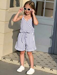 SHEIN Young Girl' Fresh Vertical Stripe Sleeveless Jumpsuit