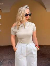 Jeta Ari Women's Elegant Solid Color Slim Fit Asymmetric-Shoulder Short Sleeve T-Shirt, Summer