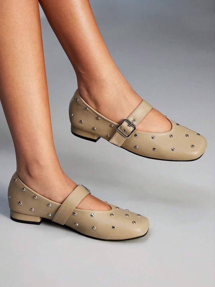 CUCCOO GRLICON 1 Pair Pearl Rivet Decor Mary Jane Flats, Versatile Slip-On Shoes, Suitable For Christmas Party And Y2K Style