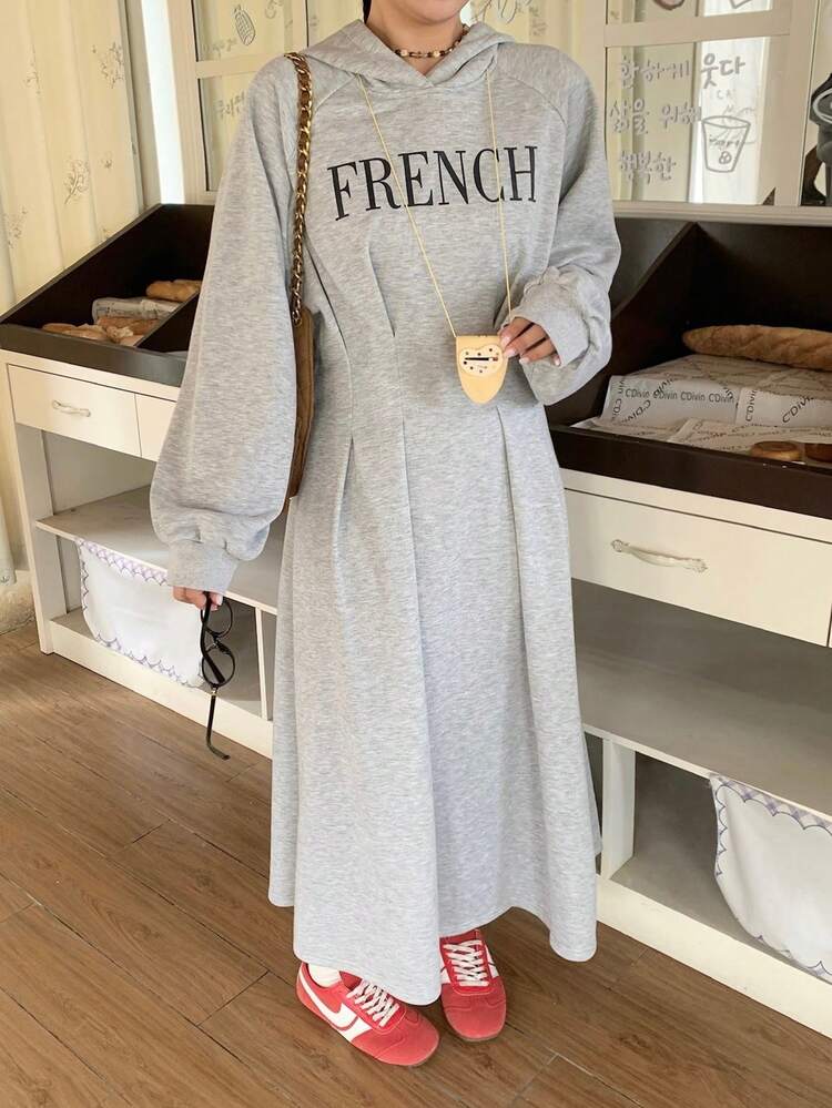 Dazy Plus Letter Print Hooded Waist Cinched Lantern Sleeve Casual Sweatshirt Dress, Long Style, Autumn/Winter Maxi Dress
