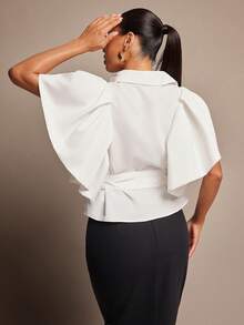 Vixey Solid Puff Flutter Sleeve Button Up Top With Self Belt - White - View 2