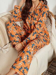 Bubble Wrinkle Print Lapel Long Sleeve Top & Pants Pajama Set, Fall & Winter Clothes - Multicolor - View 2