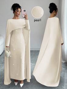 Elenzga Đầm dự tiệc Maxi dài tay dài cổ tròn đính ngọc trai trang trí hình ô dù thu/đông ôm sát eo, thanh lịch và đa năng cho nữ - Màu be - Xem 5