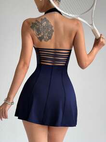 Dewbera 女士纯色休闲健身吊带连衣裙 - 藏蓝色 - 查看 1