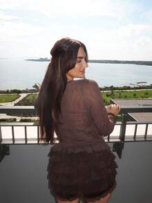 Ambs Edit Sheer Tie Neck Cardigan & Multi-Layered Lace Trim Shorts 2pcs Set - Brown - View 3