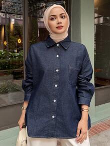 DAZY 女士休闲水洗牛仔长袖衬衫 - 深色水洗藍 - 查看 6