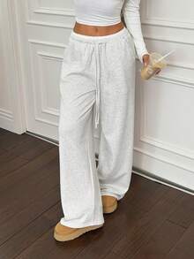 SHEIN PETITE Contrast Color Waistband Drawstring Pockets Casual Wide Leg Baggy Sweatpants,Fall,Fall Clothes For Women,Winter Clothes For Women - Grey - View 11