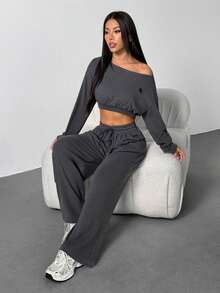 SHEIN PETITE Women's New Solid Color Crew Neck Drop Shoulder Long Sleeve Hoodie And Sweatpants Casual Loose Suit Grey Two Pieces Set ,Petite Women - Dark Grey - View 7