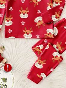 一套男婴圣诞主题小鹿雪花印花修身长袖睡衣套装，春秋季 - 紅色 - 查看 5
