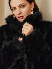 Arave 秋冬通勤时尚纯色人造毛皮夹克 - 黑色 - 查看 4