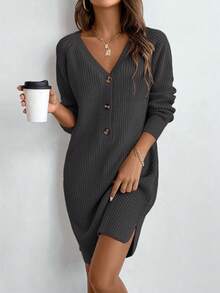 SHEIN LUNE V-Neck Button Casual Versatile Long Sleeve Sweater Dress - Dark Grey - View 3