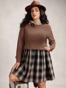 Zelara 大码女式圆领落肩长袖格子下摆休闲连衣裙 - 棕色 - 查看 9