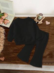 黑色，可爱卡通蓝色兔子图案，女婴休闲简约加厚柔软圆领长袖套头卫衣搭配喇叭裤，时尚套装，适合秋冬季穿着。 - 彩色 - 查看 2