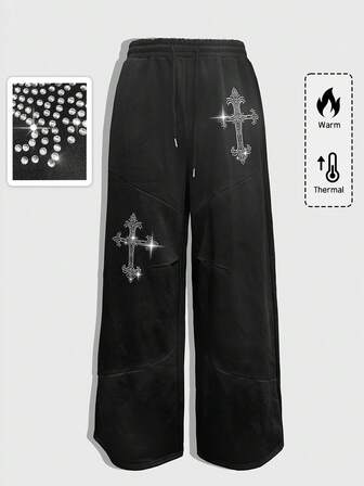 Men's Fashion Gothic Cross Rhinestone Drawstring Waist Sweatpants