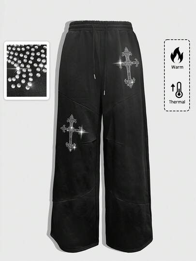 Goth Pantalones de chándal con cordón de cintura y adorno de cruz de strass para hombre