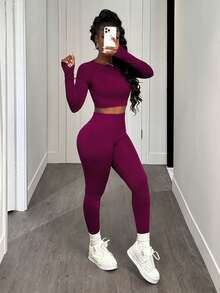 Slaydiva 1 Bộ đồ thể thao liền mạch màu trơn co giãn cao dành cho nữ, áo crop top và quần legging tập thể dục cho năm mới của Trung Quốc dành cho nữ, bộ đồ tập legging cho nữ - Màu Đỏ Sâu - Xem 5