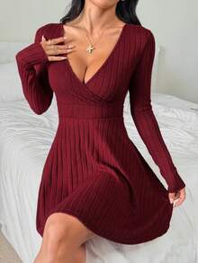 SHEIN PETITE Burgundy Deep V-Neck Crossed Wrap Ribbed Long Sleeve Dress Women Elegant,Autumn Chic Night Out Solid Color New Years Outfit Red Wine Dress - Burgundy - View 1