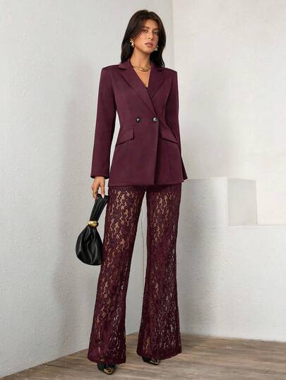 Rafferiza Women's Elegant Loose Double-Breasted Long Sleeve Blazer Jacket And Flared Lace Pants Set, Spring/Autumn Women Suit Set Blazer Set For Women Women Suits Office Outfits For Women Set Business Casual Woman Women Two Pieces Outfits