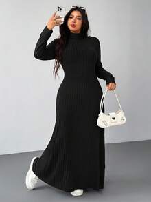 SHEIN EZwear 黑色羊毛罗纹高领休闲加大码长款连衣裙，秋冬款 - 黑色 - 查看 5