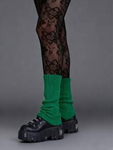 ROMWE Goth 1双复古提花连裤袜 + 1双绿色针织腿套，蕾丝网眼袜，叠穿组合套装，春季复古风穿搭 - 彩色 - 查看 1