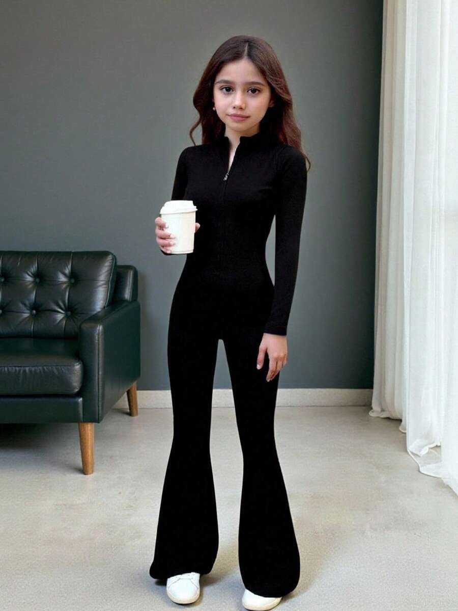 SHEIN Tween Girl Half Zip Jumpsuit, Black Long Sleeve Romper Flare Pants, Back To School, Casual Everyday Wear, Outdoor - Black - View 1