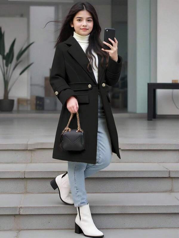 1 pezzo Cappotto a manica lunga di media lunghezza per ragazze pre-adolescenti con design unico in vita, elegante e alla moda per l'uso all'aperto in autunno/inverno