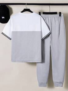 2pcs/Set Teenage Boys' Casual Contrast Color Patchwork Letter Print T-Shirt And Sports Pants Set - Grey - View 3