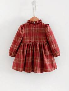 Cozy Pixies Baby Girl Christmas Plaid Bow Decor Round Neck Long Sleeve Waist Cinched Dress - Red - View 2