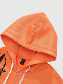 ROMWE MEN Street Life Men's Letter Print Zip-Up Hoodie And Drawstring Waist Sweatpants Set, Autumn/Winter - Orange - View 6