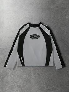 ROMWE MEN Prep تي شيرت بأكمام طويلة بطباعة نص إنجليزي، طراز الشارع الكاجوال للاستخدام اليومي