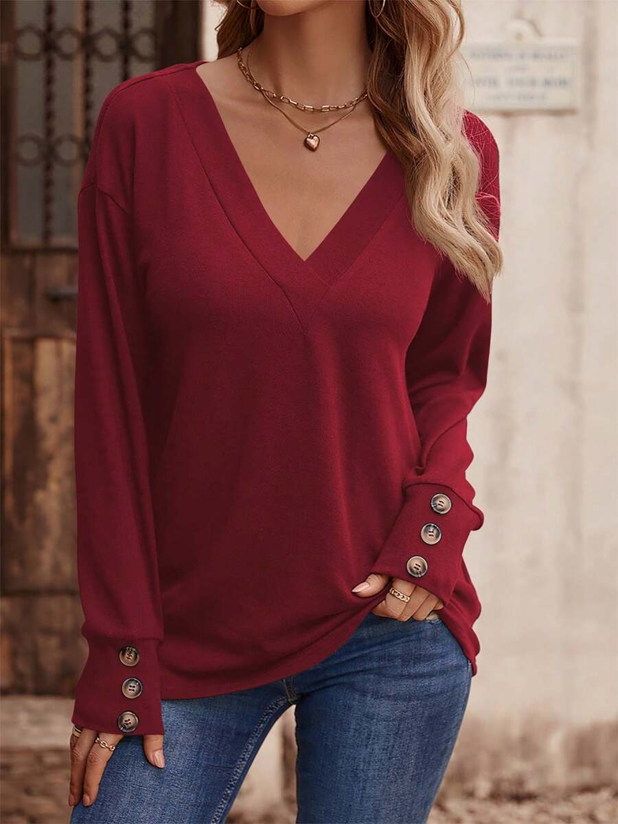 SHEIN LUNE Áo thun tay dài cổ chữ V màu trơn có nút cài, họa tiết in hình dành cho nữ mùa xuân - Đỏ - Xem 1